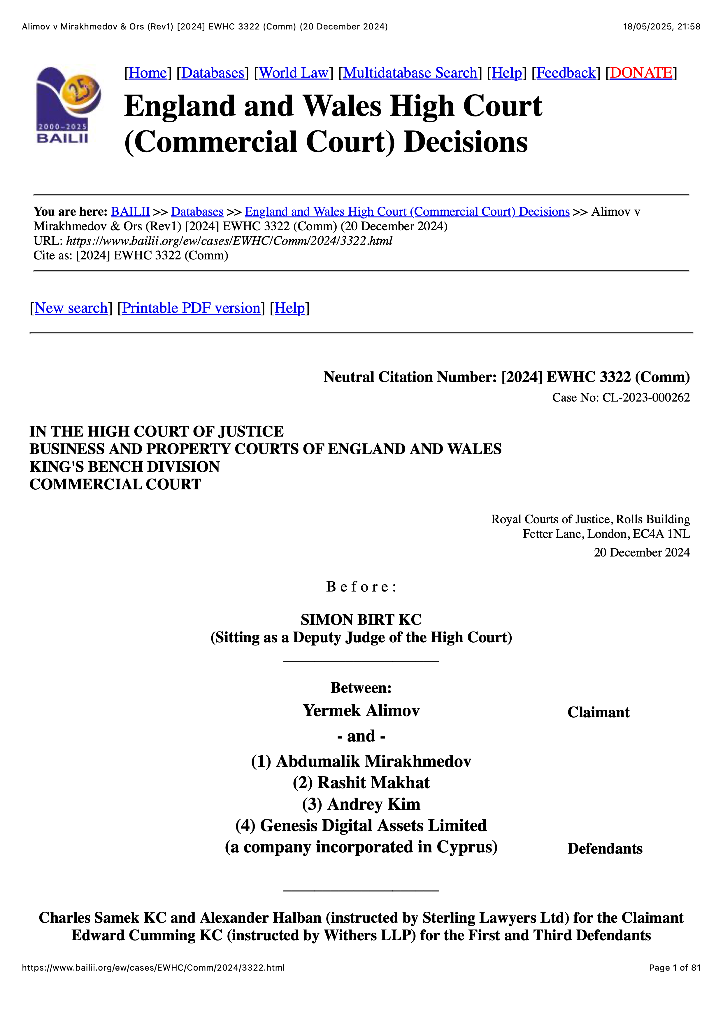 England and Wales High Court (Commercial Court) Decision on Case No: CL-2023-000262 Alimov vs MMK & GDA