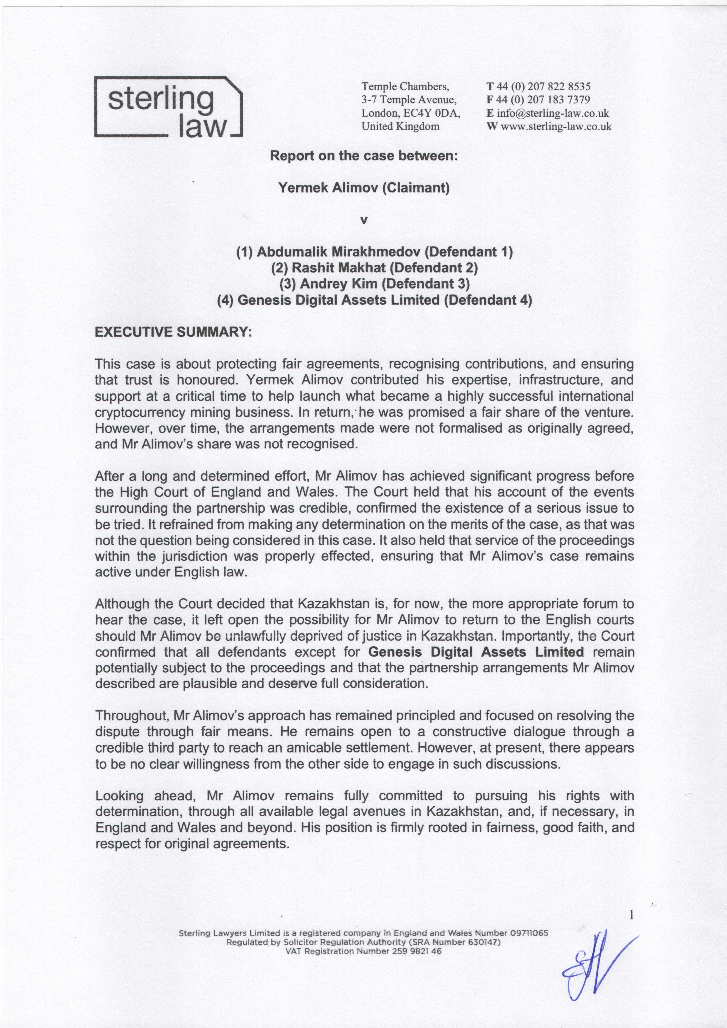 Legal Report of Sterling Lawyers Ltd on the High Court Verdict in the Matter of Yermek Alimov