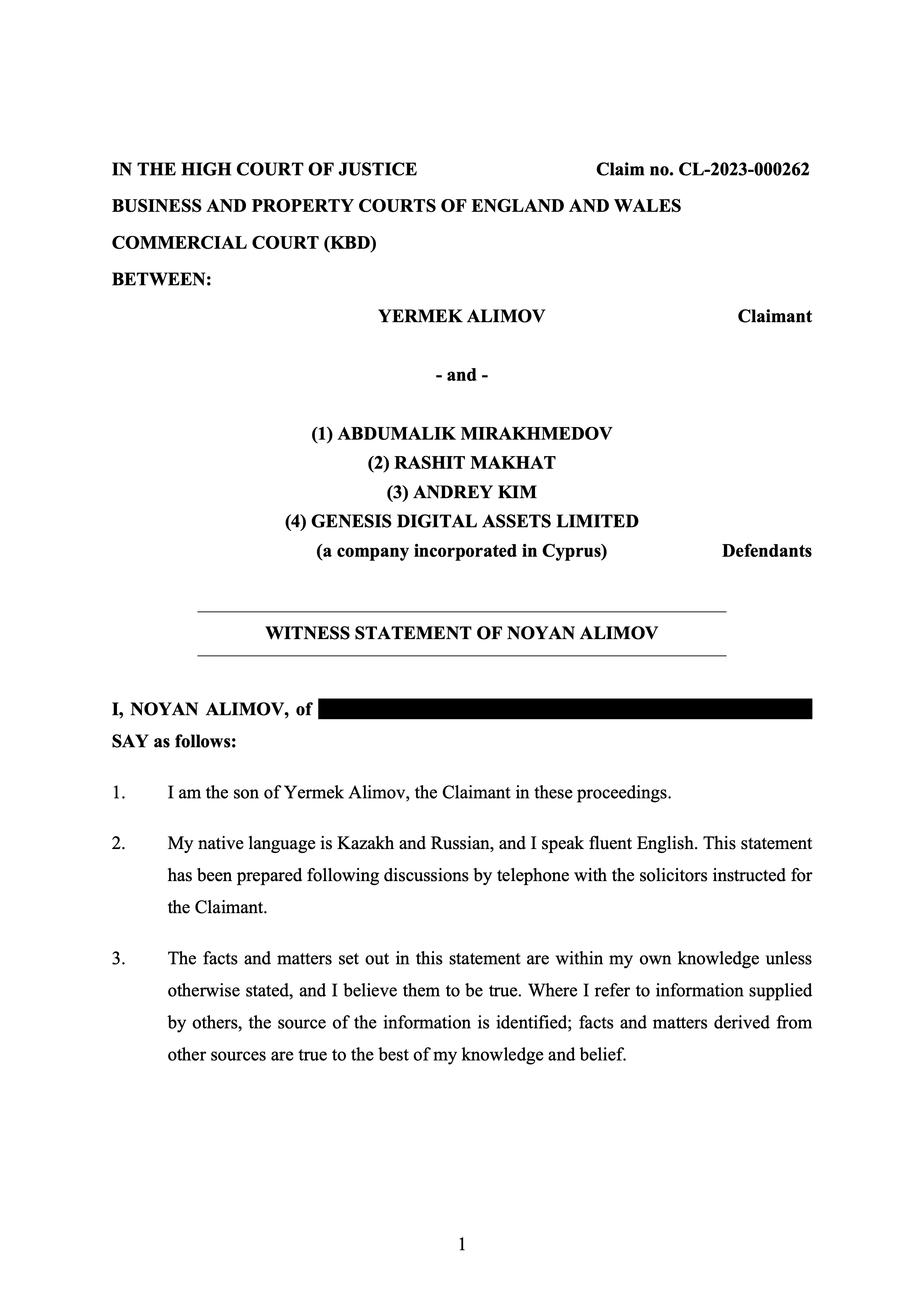 Witness Statement of Noyan Alimov
